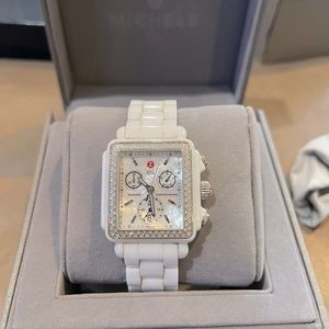 White ceramic Michele watch with diamonds.